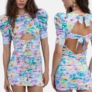 For Love & Lemons Floral Puff Sleeve Cutout Ruched Mini Dress XS Cottagecore